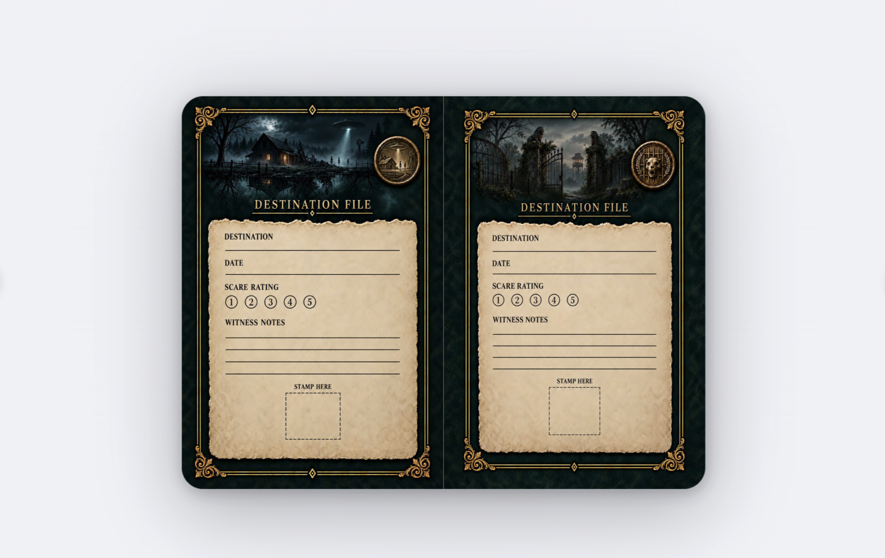 Passport page spread 3 of 6: INVASION: Alien Abduction | MADLANDS: Caged Cannibals