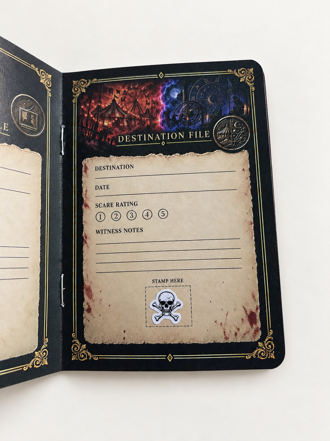 Passport destination page with a skull-and-crossbones collector sticker in the stamp box